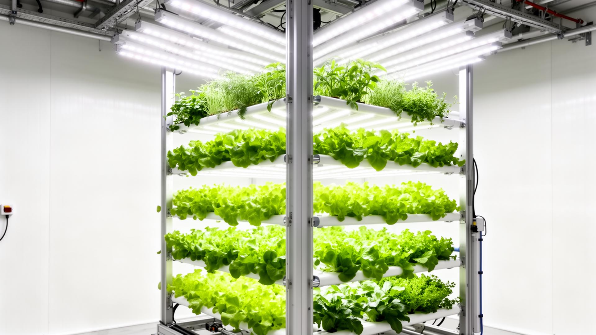 Vertical hydroponic growing tower with leafy greens under LED lights